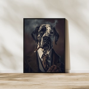 Può includere: Un cane dalmata bianco e nero che indossa un abito in tweed marrone, una camicia bianca e una cravatta fantasia. Il cane tiene un sigaro acceso in bocca e ha un'espressione seria sul viso.