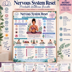 May include: A Nervous System Reset printable wellness bundle poster featuring a central illustration of a person meditating, surrounded by text-based sections on grounding techniques, vagus nerve activation, somatic movement practices, and daily habits.