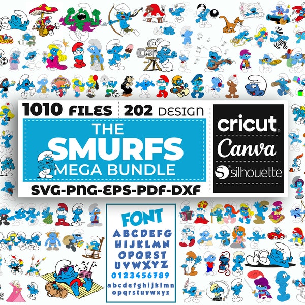 Smurfs Svg Bundle, Smurfs Png, Clipart Files, Smurfs Font, Smurfs Birthday Svg for Cricut, Birthday Svg, Alphabet Svg, Instant Download