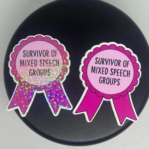 K&ouml;nnte beinhalten: Zwei rosa und lila Aufkleber mit dem Text "Survivor of Mixed Speech Groups". Die Aufkleber sind wie Schleifen mit gewellten R&auml;ndern geformt. Ein Aufkleber hat einen glitzernden, holografischen Effekt.