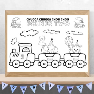 Puede incluir: Una página para colorear en blanco y negro con un tren con un elefante y un tigre montando en los vagones. El tren dice "Chugga Chugga Choo Choo John is Two" y tiene una pancarta que dice "John is Two!" en la parte inferior.