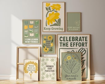 Growth Mindset Poster Bundle: Sage Green & Yellow Minimalist Classroom or Therapy Printable Wall Art