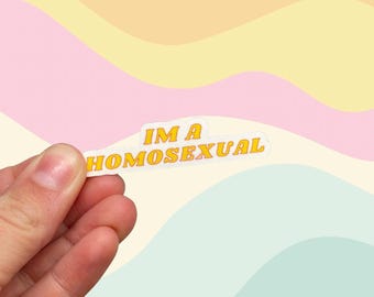Pode incluir: Um autocolante branco com o texto "IM A HOMOSEXUAL" em amarelo, contornado a laranja. O autocolante é segurado contra um fundo pastel com linhas onduladas em tons de amarelo, rosa e azul.