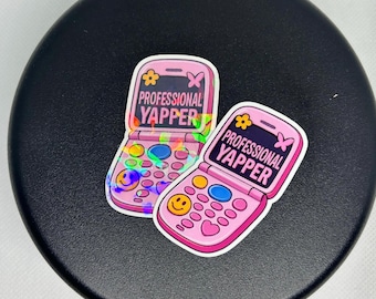 Professional Yapper Vinyl Waterproof Sticker, Trendy Retro Flip Phone Holographic Sticker