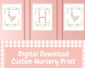 Personalized Goose Nursery Print: Floral Monogram, Watercolor (Digital Download Baby Girl)