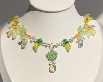 Green Beaded Flower Necklace: Handmade Fairycore Crystal Jewelry