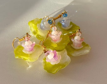 Beaded Lilypad Earrings Whimsical Jewelry Fairycore Handmade Bead Earrings Lotus Flower Jewelry Dainty Gift Idea Pretty Bead Earrings Cute