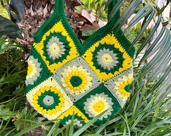 Green Granny Square Tote Bag Handmade Flower Crochet Cute Beach Bag Yellow Crochet Shoulder Bag Fairycore Crochet Flower Granny Square Bag