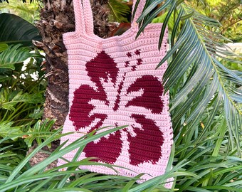 Pink Crochet Tote Bag Handmade Flower Crochet Hibiscus Bag Cute Gift for Girls Accessory Crochet Shoulder Bag Fairycore Pretty Crochet Bag