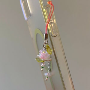 Pink Flower Phone Charm Beaded Lotus Flower Phone Strap Fairycore Handmade Keychain Dainty Bead Accessory Gift Idea Phone Charm Cute image 10