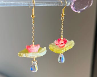 Flower Lilypad Earrings Beaded Lotus Handmade 14k Gold Filled Dainty Fairycore Kawaii Whimsical Jewelry Gift Unique Cute Earrings