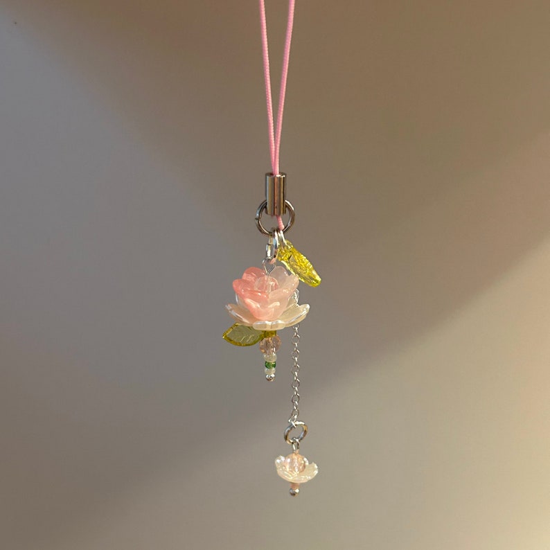 Pink Flower Phone Charm Beaded Lotus Flower Phone Strap Fairycore Handmade Keychain Dainty Bead Accessory Gift Idea Phone Charm Cute image 2