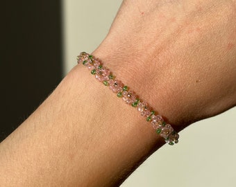 Pink and Green Flower Bracelet Handmade Beaded Bracelet Fairy Jewelry
