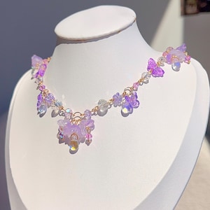 Purple Beaded Flower Necklace: Fairycore Crystal Jewelry