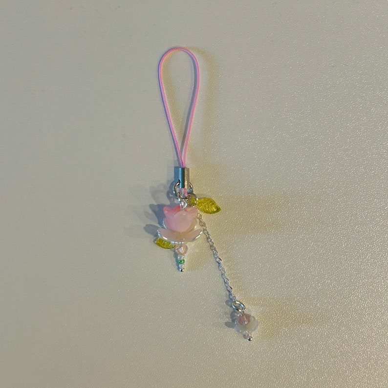 Pink Flower Phone Charm Beaded Lotus Flower Phone Strap Fairycore Handmade Keychain Dainty Bead Accessory Gift Idea Phone Charm Cute image 7