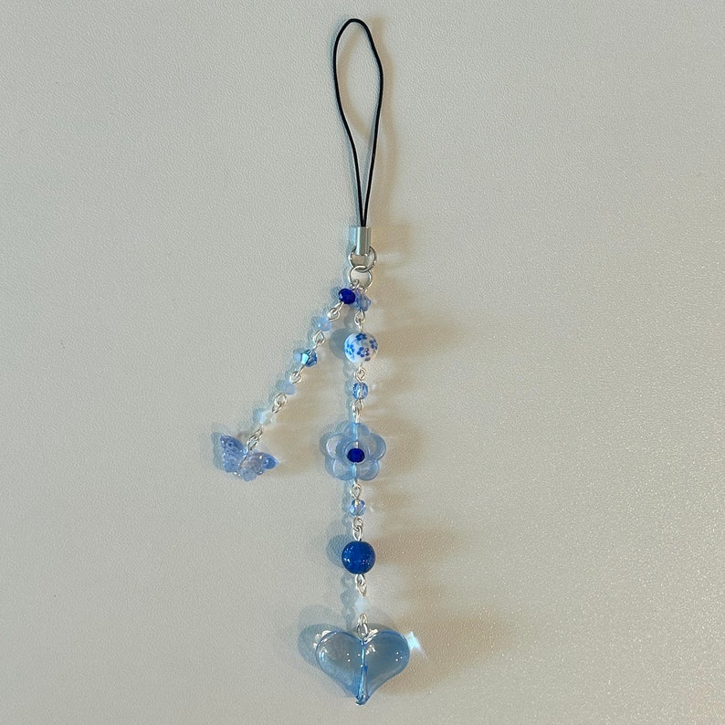 Blue Phone Charm Beaded Flower Phone Strap With Heart Charm Fairycore ...