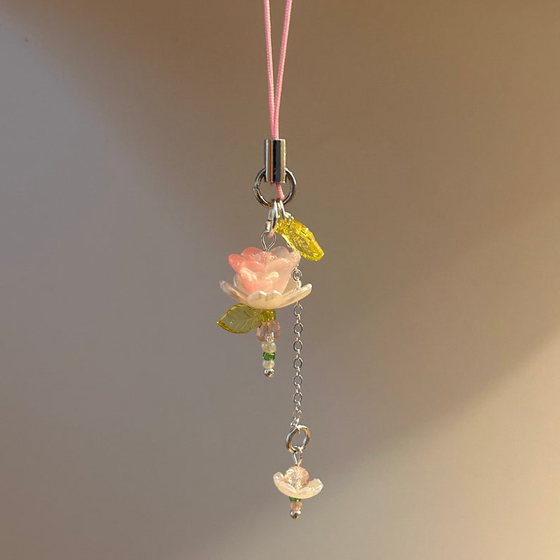 Pink Flower Phone Charm Beaded Lotus Flower Phone Strap Fairycore Handmade Keychain Dainty Bead Accessory Gift Idea Phone Charm Cute image 3