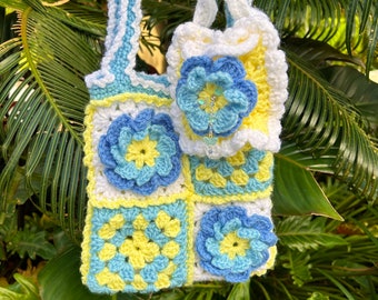 Dainty Crochet Shoulder Bag Handmade Blue Flower Crochet Tote Bag Pretty Fairycore Accessory Ruffled Crochet Floral Handbag with Bead Charm