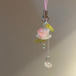 Pink Flower Phone Charm Beaded Lotus Flower Phone Strap Fairycore Handmade Keychain Dainty Bead Accessory Gift Idea Phone Charm Cute image 4