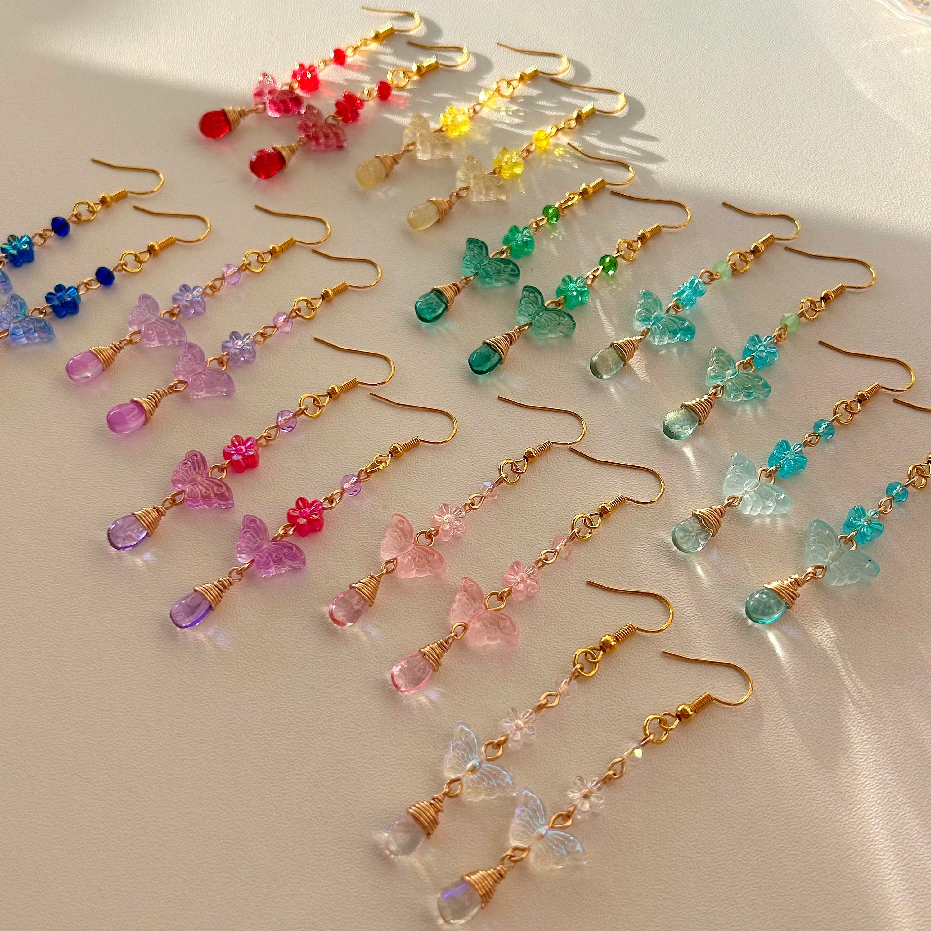 Beaded Butterfly Earrings Whimsical Fairycore Handmade Dainty Floral Teardrop Jewelry Pretty Gift Butterfly Flower Bead Earrings Gold