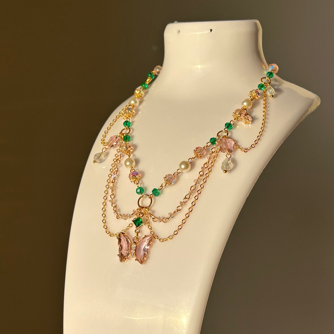 Pink Coquette Necklace Beaded Butterfly Necklace Emerald Green Jewelry Handmade Pink Butterfly
