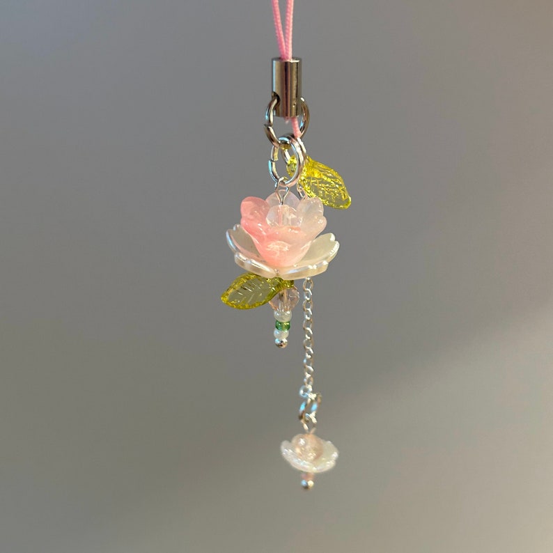 Pink Flower Phone Charm Beaded Lotus Flower Phone Strap Fairycore Handmade Keychain Dainty Bead Accessory Gift Idea Phone Charm Cute image 1