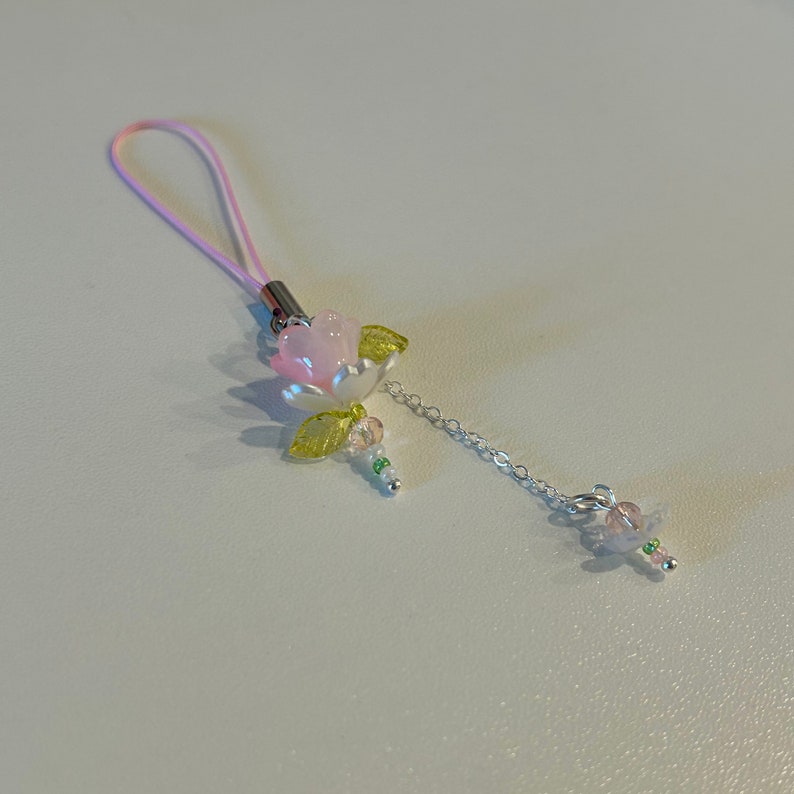 Pink Flower Phone Charm Beaded Lotus Flower Phone Strap Fairycore Handmade Keychain Dainty Bead Accessory Gift Idea Phone Charm Cute image 6