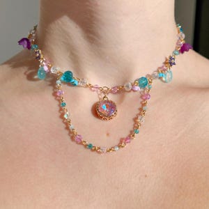 Beaded Teardrop Pendant Necklace: Purple Crystal Flower Fairycore