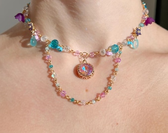 Beaded Teardrop Pendant Necklace: Purple Crystal Flower Fairycore