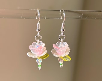 Pink Flower Earrings Beaded Lotus Flower Earrings Fairycore Handmade Jewelry Dainty Bead Accessory Gift Idea Earrings Dainty Flower Jewelry