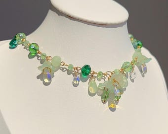 Green Beaded Flower Necklace: Fairycore Crystal Jewelry