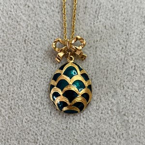 Avon Marked Vintage Gold, Green Faberge -Style Egg with Bow Pendant and Chain