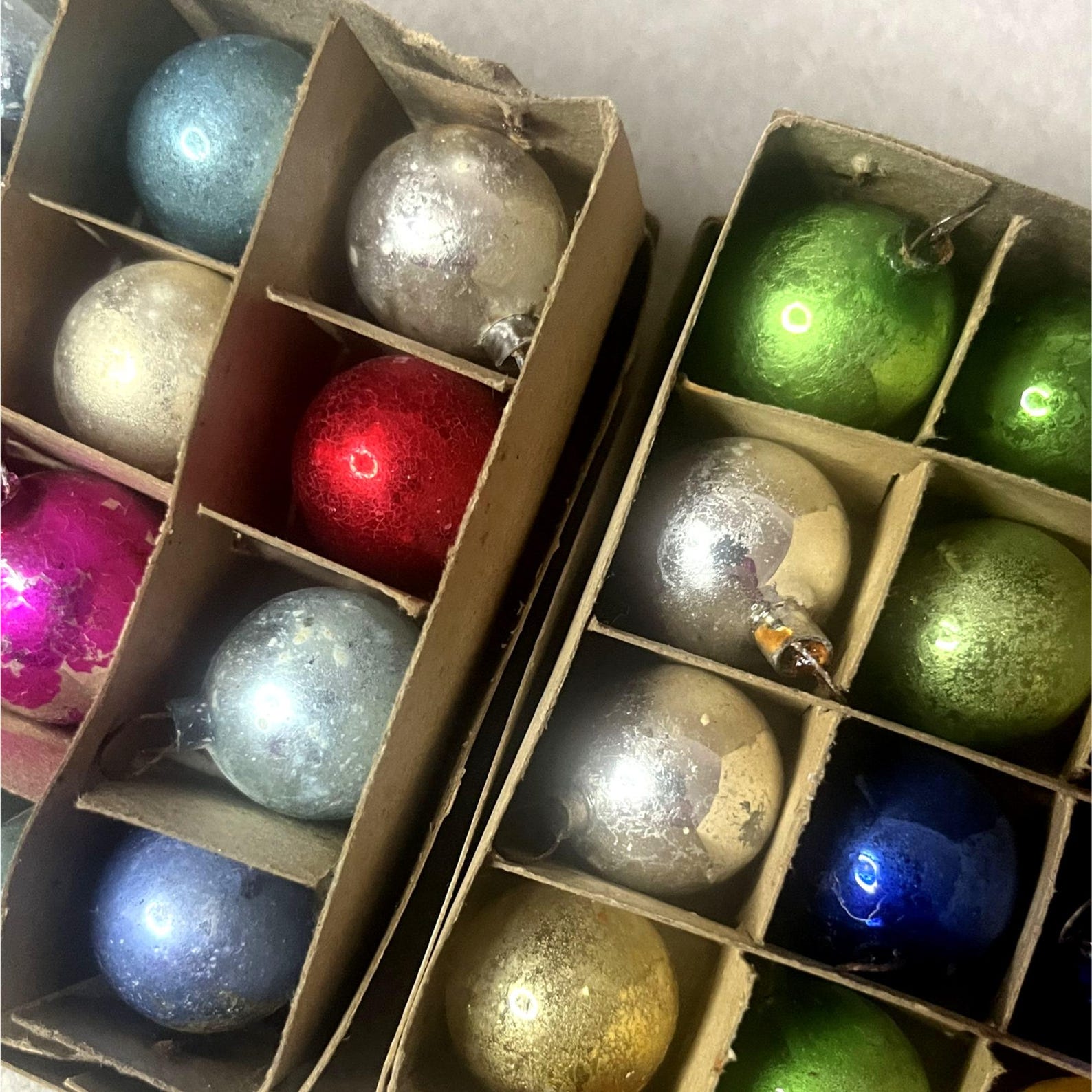 Two Boxes of Vintage Glass Christmas Feather Tree Ornaments Mini Dozen