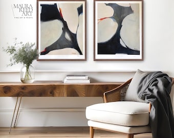 Signed Art Print Set, Large Charcoal Black Blue Abstract Diptych | 24 x 30 Artwork Pair