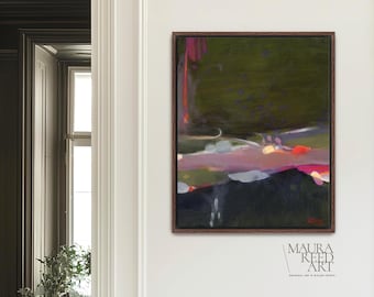 May include: Abstract art print in a dark wooden frame. The artwork features a dark green background with pink, white, and orange brushstrokes. The text "MAURA REED ART" and "ORIGINAL ART & STYLED PRINTS" is visible in the lower right corner.