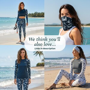 May include: A collection of athletic apparel featuring long-sleeved rash guards and leggings with a dark blue and white stingray pattern. The set includes a cropped top, a full-length top, matching leggings, and a neck gaiter with a stingray print.