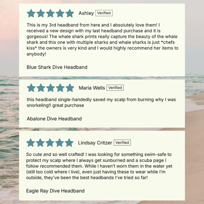 May include: Three customer reviews displayed on a light background, each featuring five blue stars and a verified badge. The reviews mention the Blue Shark Dive Headband, Abalone Dive Headband, and Eagle Ray Dive Headband, detailing experiences with the products.