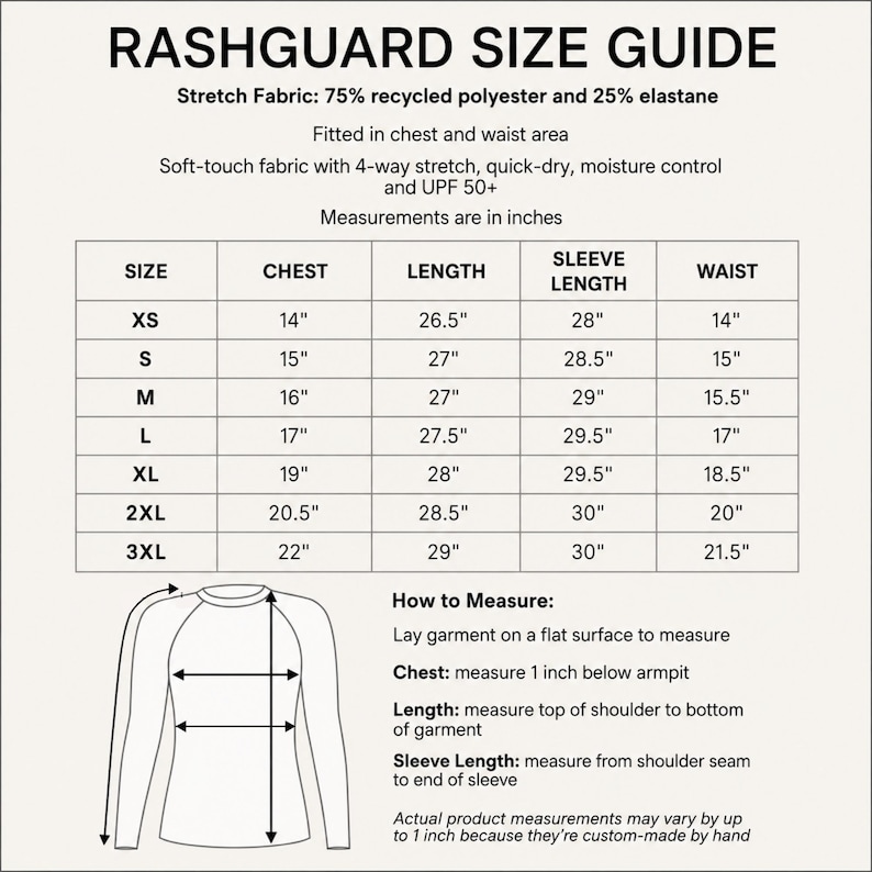 May include: A black and white Rashguard Size Guide chart featuring a table with sizes XS to 3XL and corresponding chest, length, sleeve length, and waist measurements in inches. Includes fabric details, UPF 50+ rating, and a diagram showing how to measure.