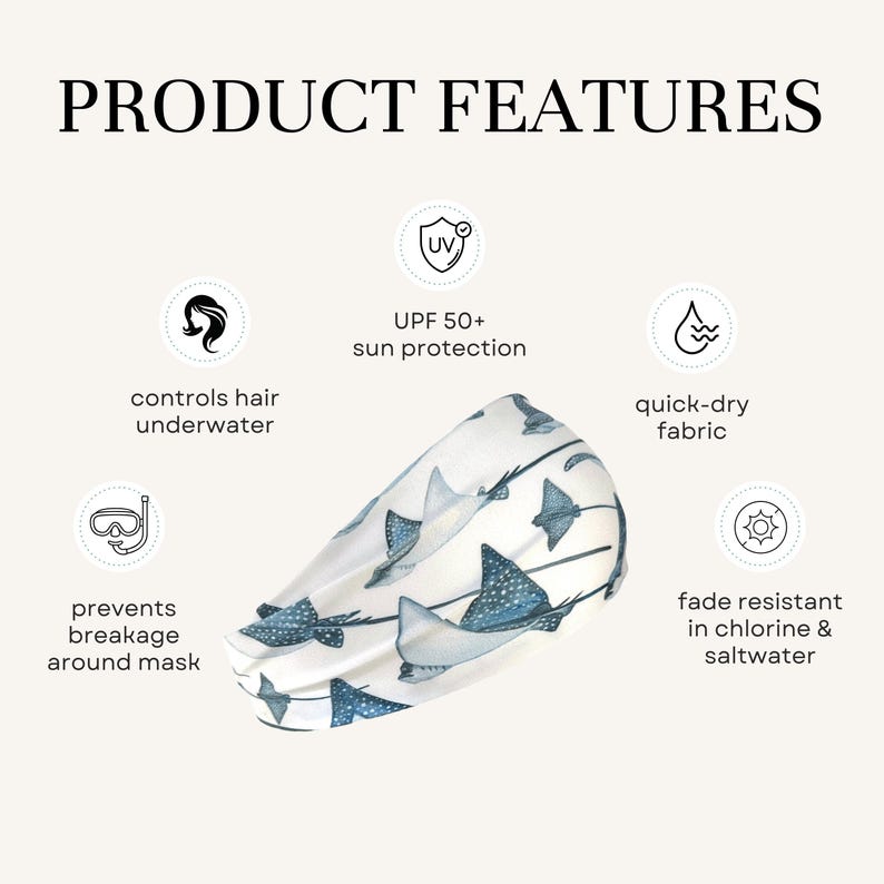 May include: A white headband featuring a blue stingray pattern. Text labels indicate product features: UPF 50+ sun protection, controls hair underwater, quick-dry fabric, prevents breakage around mask, and fade resistant in chlorine & saltwater.