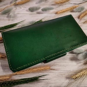 Long Leather Wallet for Cash and Cards. Green Leather Wallet. Handmade Genuine Leather Wallet. Premium Leather Gift.