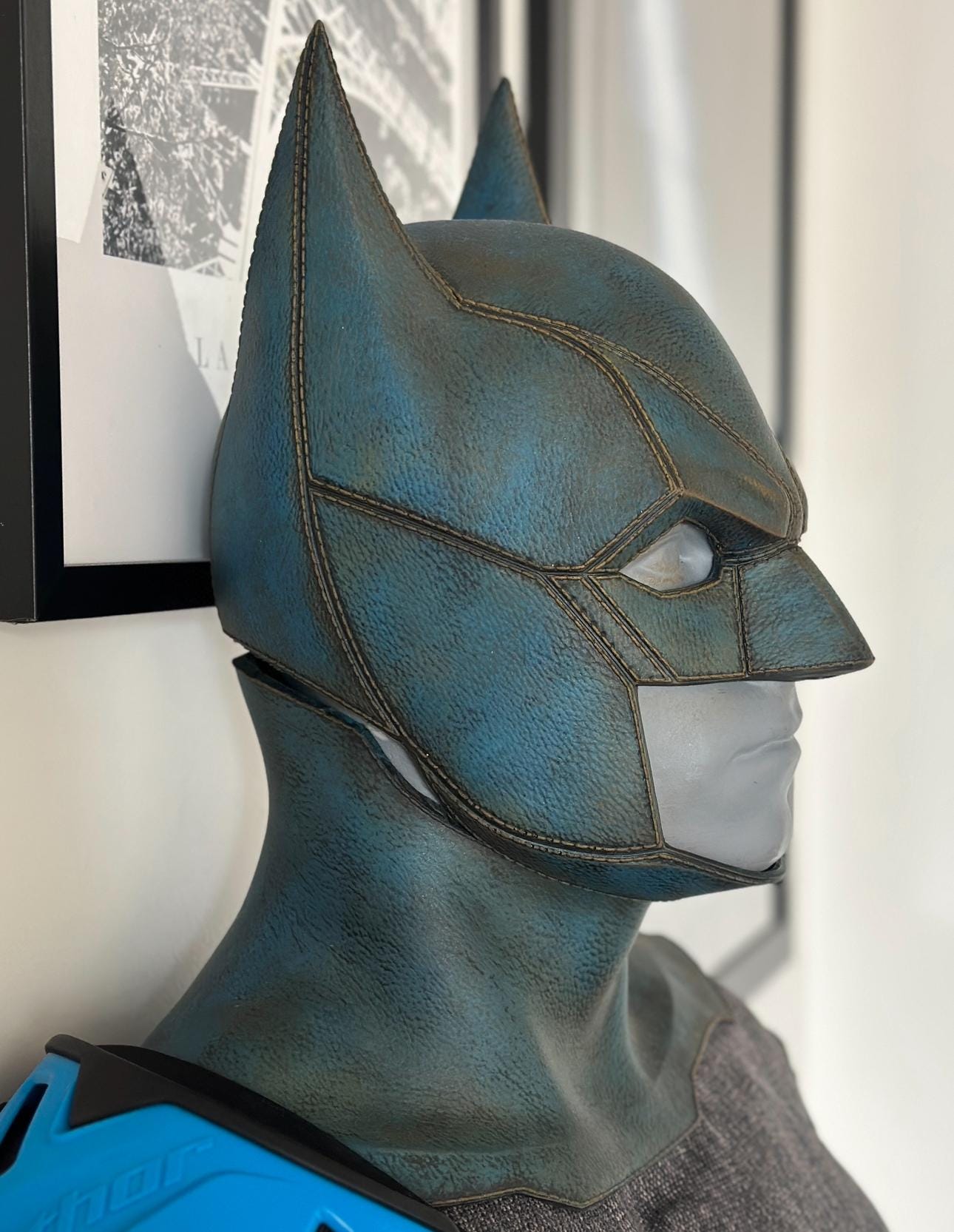 Wearable Superhero Bat Cowl- Blue/ Weathered