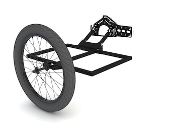 Puede incluir: Un marco de carro de metal negro con una sola llanta negra. El neumático tiene una pared lateral gris y una banda de rodadura negra. El carro tiene un marco rectangular y una estructura de montaje compleja.