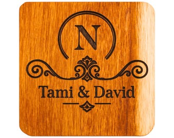 Laser-Engraved Monogram Acacia Wood Coasters | Personalized Drink Coasters, Set of 4