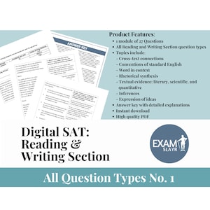 Op de afbeelding: Een digitale SAT: Lees- en schrijfsectie studiegids met de tekst "Alle vraagtypen nr. 1" en een blauw-wit logo met de tekst "EXAM SLAYR".