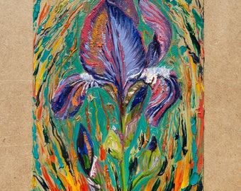 Original oil iris painting. Iris painting on panel. Oil iris painting 5x7". Original oil flowers painting, impressionist art, wall decor.