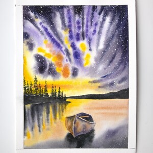 Original Watercolor Lake Landscape. Original painting, miniature boat, night sky watercolor, boat painting, miniature, wall decor.