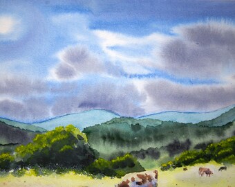 牛がいるオリジナルの水彩画風景画 13x11 インチ。水彩画の野原と山の