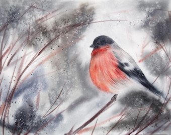 雪の中のウサギ – オリジナルの水彩画、ウサギの絵、冬の風景、降雪