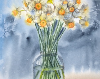 花の絵画、花の水彩画、花瓶の絵画、花の抽象画、オリジナル絵画