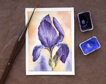 Arte originale ACEO, pittura originale aceo, carta ACEO, pittura floreale aceo, pittura iris acquerello, pittura floreale in miniatura originale.